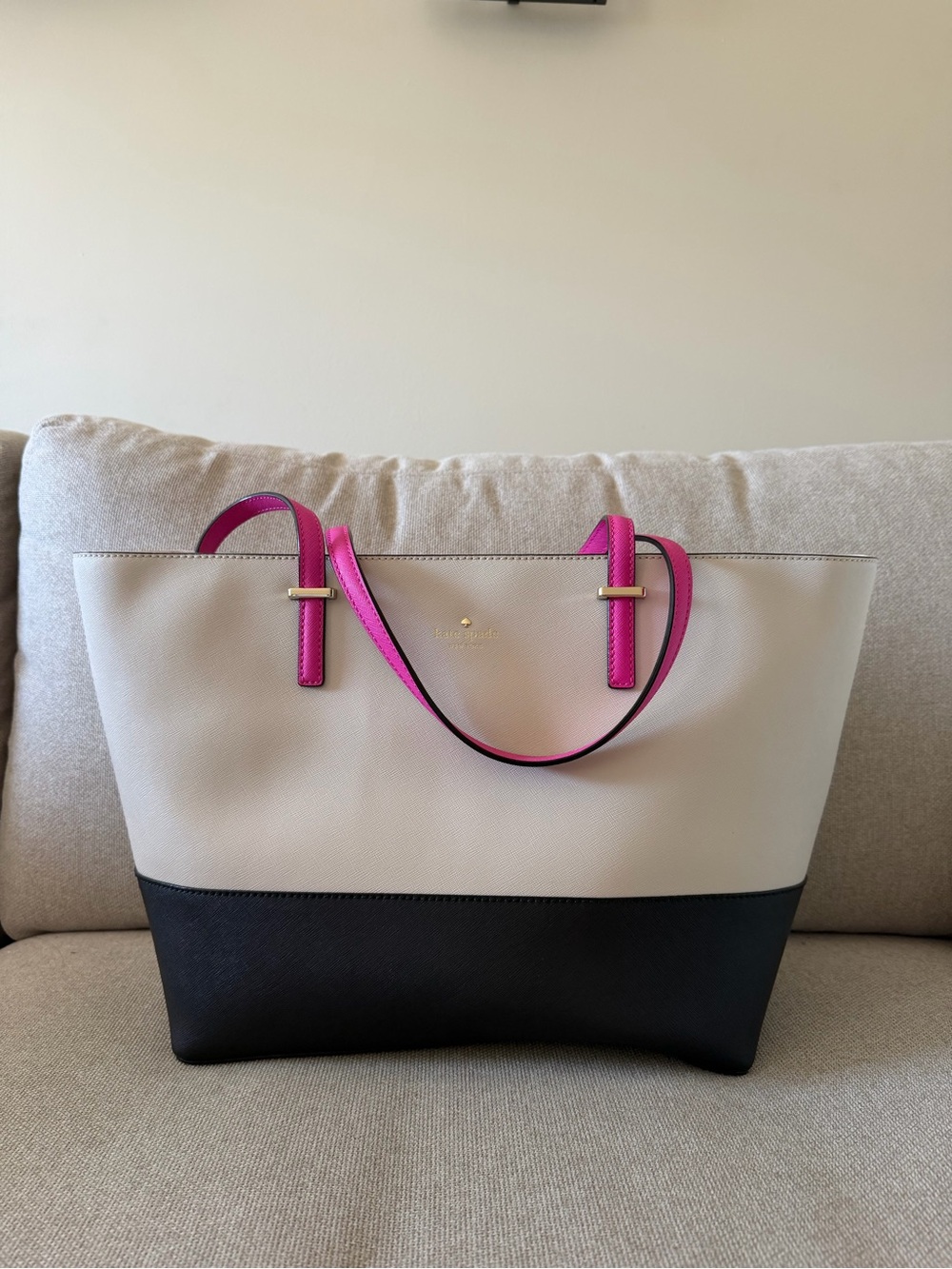 Kate Spade Two-Tone White and Black Tote with Pink Handles